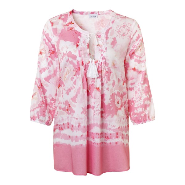 Tunika Bluse mit Batik Print in Rosa und Weiß mit modischem Bändchen am V-Ausschnitt von JUST WHITE